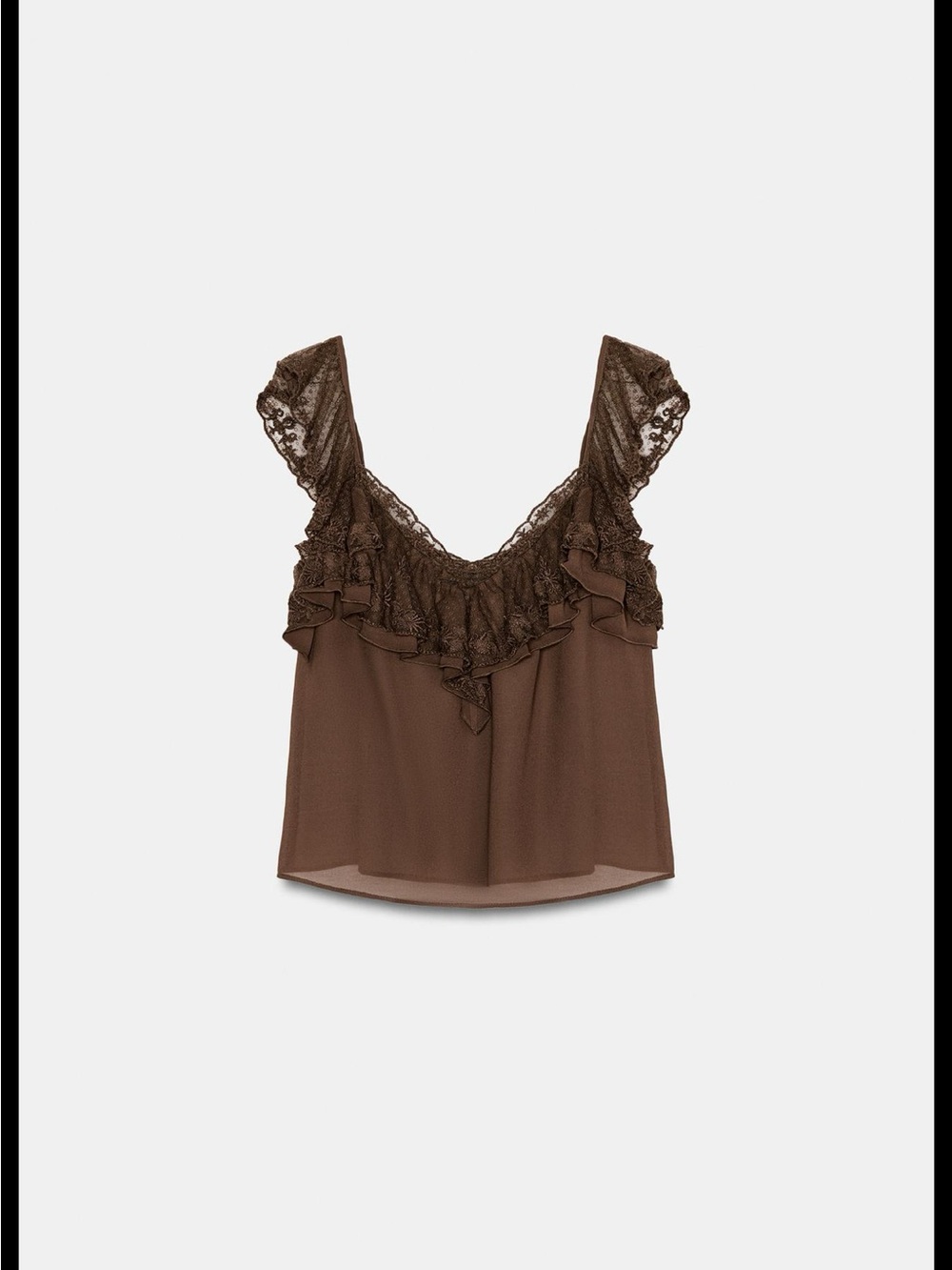 Zara Brown Lace-Trim Ruffle V-Neck Sleeveless Blouse